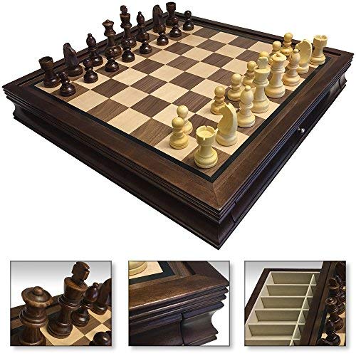 4 Less Co 19'' Large Deluxe Chess Board Game Set Box Inlaid Walnut Wood Pieces 1208M