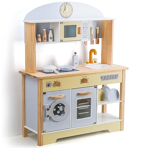 WoodenEdu Kitchen Playset for Kids Ages 3-8, Wooden Pretend Play Kitchen with Cooking Accessories, Dimensions: 38    H x 31    W