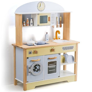 WoodenEdu Kitchen Playset for Kids Ages 3-8, Wooden Pretend Play Kitchen with Cooking Accessories, Dimensions: 38    H x 31    W