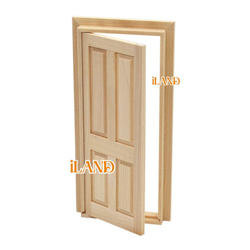 iLAND Wooden Dollhouse Door w/Trims & Doorknob & Key, Dollhouse Buding Materials, Minaiture Dollhouse Accessories (Classic 4-Pan