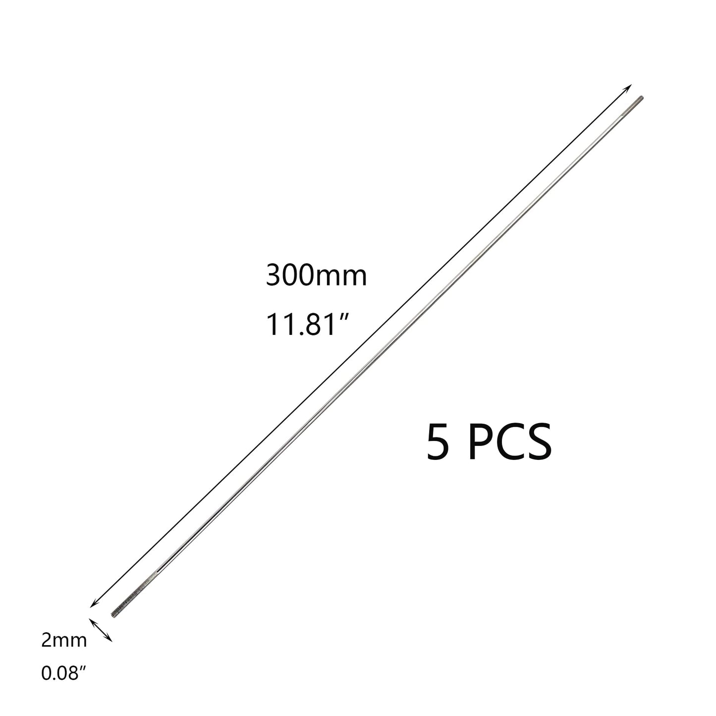Crapyt 5 Pcs Pushrod Silver M2 Linkage Rod 300  2Mm/11.81''  0.08''(L  D) 304 Stainless Steel Metal Round Shaft Rods Replacement