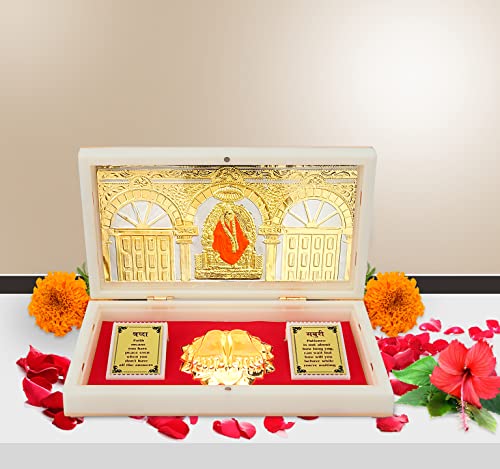 ARNAVIRA Gold Plated Photo Frame with Charan Paduka Pocket Temple for House Warming Gifts Return Gift Diwali Gift Puja Box (Shri