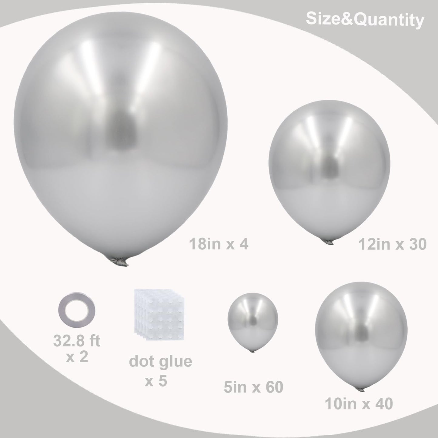 Silver Balloons In Different Sizes 5 10 12 18Inch-134Pcs Metallic Chrome Silver Balloons For Garland Arch