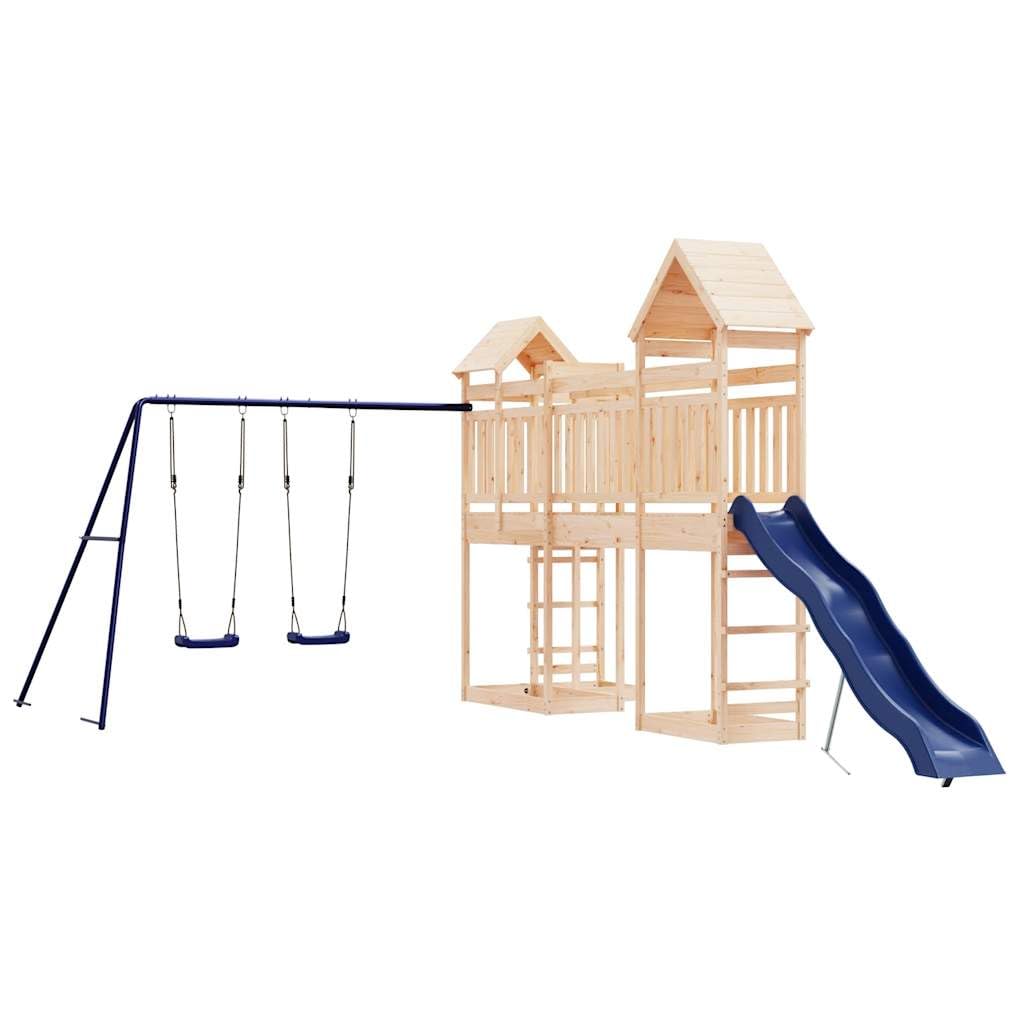 vidaXL Outdoor Solid Pine Wood Playset - Multi-Activity Garden Climbing Frame with Platform, Wave Slide and Double Swing Set for
