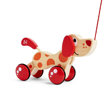Hape Walk-A-Long Puppy Wooden Pull Toy | Push Pull Toy Puppy For Toddlers Can Sit, Stand And Roll. Rubber Rimmed Wheels For Easy Push And Pull Action, Blue
