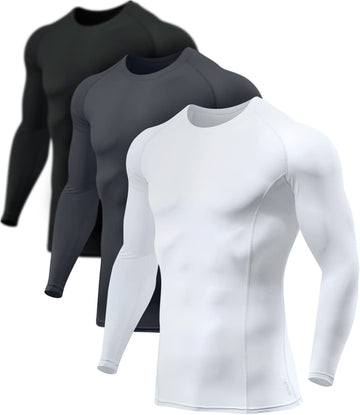 Athlio Mens Upf 50 Long Sleeve Compression Shirts, Water Sports Rash Guard Base Layer, Athletic Workout Shirt, 3Pack Blackcharco