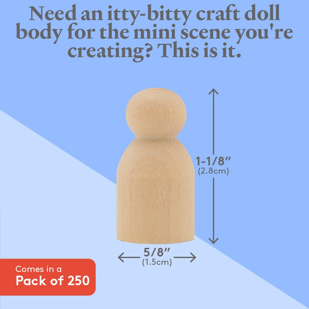 Miniature Wooden Peg Dolls 1-1/8 inch, Pack of 250 Small Peg Dolls for Crafting, Miniature Figures, and Small World Play