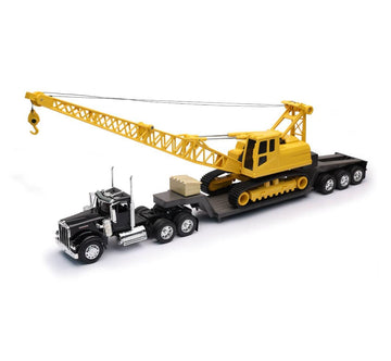 New Ray Kenworth W900 Truck With Lowboy Trailer Black And Crane Yellow Long Haul Trucker Series 1/32 Diecast Model