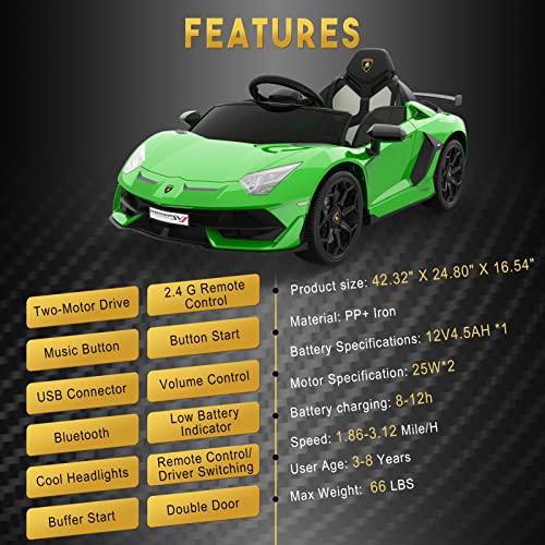 Hetoy Ride on Car for Kids 12V Licensed Lamborghini Electric Vehicles Battery Powered Sports Car with Control, 2 Speeds, Sound S