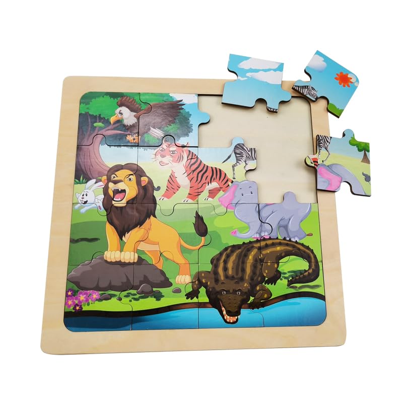 Wooden Jigsaw Puzzle Set Of 3 Pcs, Farm Jungle And Sea Animals Level Up Puzzles Difficulty From 9 Pcs To 16 Pcs 25 Pcs Education