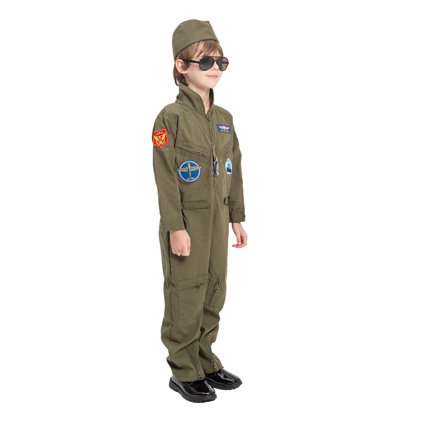 Kids Fighter Pilot Costume Air Force Flight Suit Military Halloween Costume For Boys Girls Jumpsuit With Aviator Hat