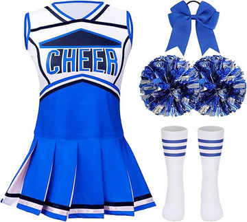 Lmyove Classic Blue 5-Piece Cheerleading Set For Kids - Includes Top, Skirt, Pom Poms, Headband, And Socks,10-11Y