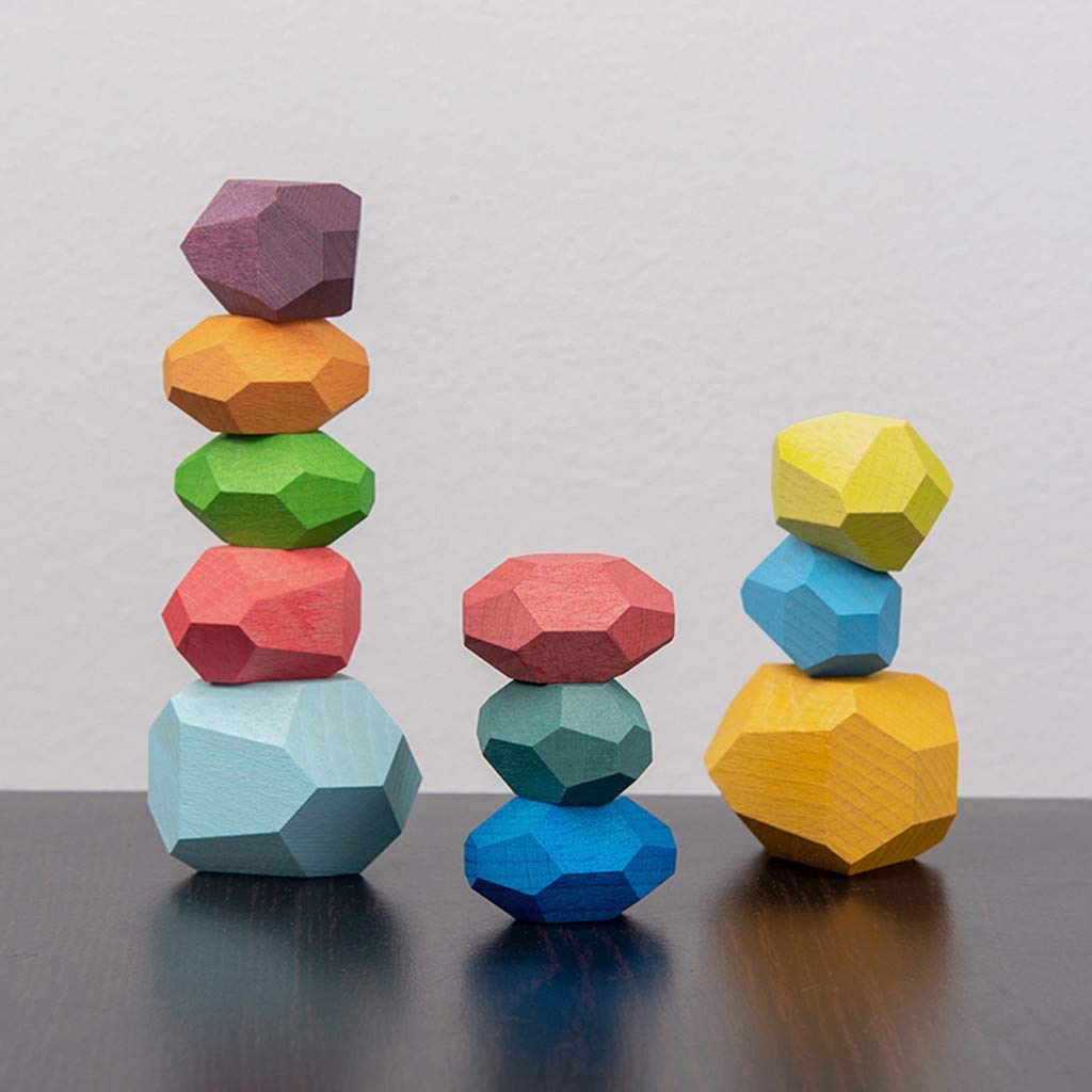 Rubrab Wooden Rocks Stones Tumi Ishi Wood Balancing Stacked Stone Baby Building Block Montessori Toys Block Colored Stone Toys Educational Creative Toy Stacking Game Artware (16Pcs Deep Colors)
