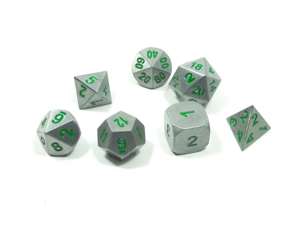 Metal Dice Polyhedral Set of 7 Druid Circle Green D&D RPG Brushed Silver with Green numbers