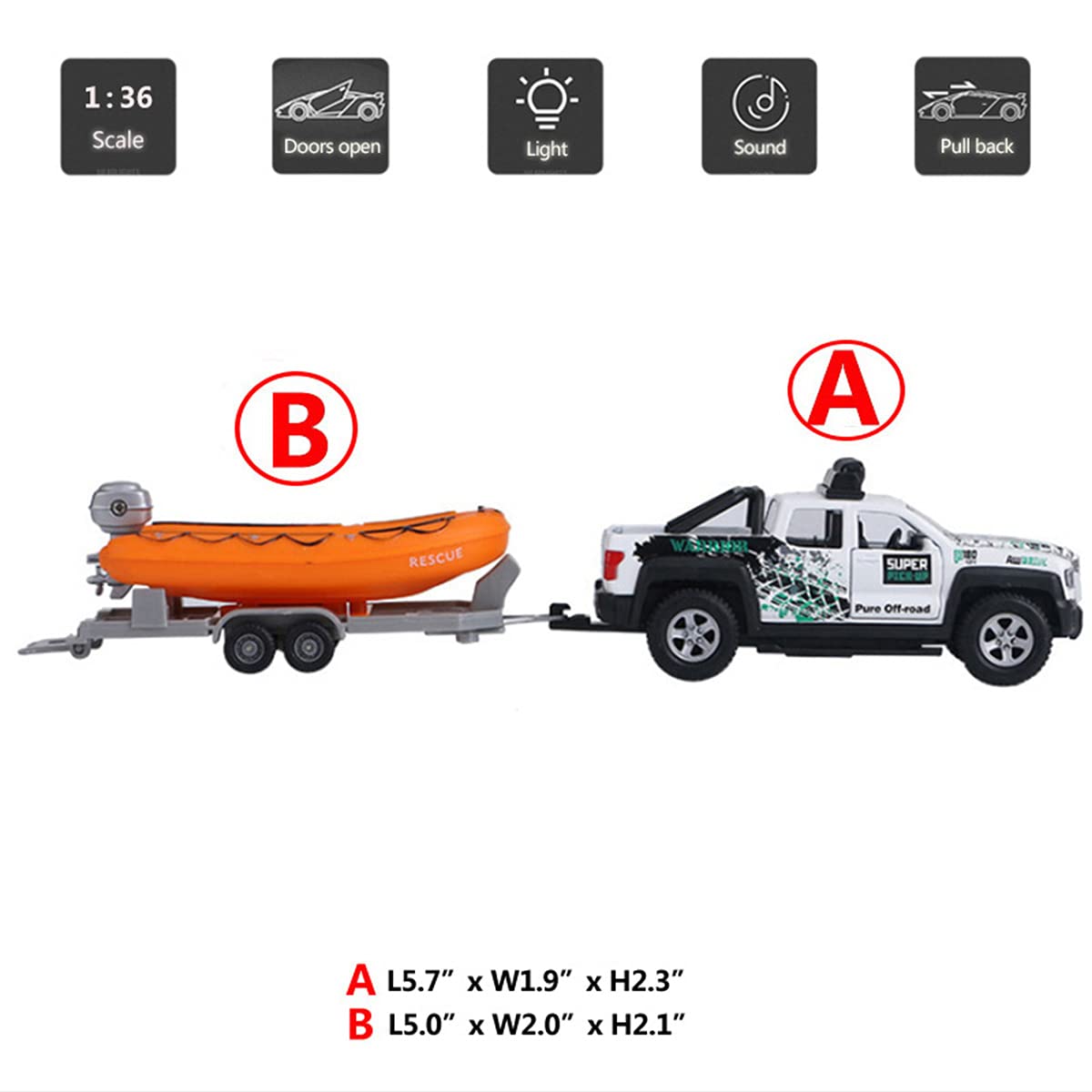 Pickup Truck Trailer Towing Speed Boat 2 in 1 Playset Diecast Model Car Metal Pull Back Toy Cars 1/36 SUV Vehicle Outdoor Sandbo