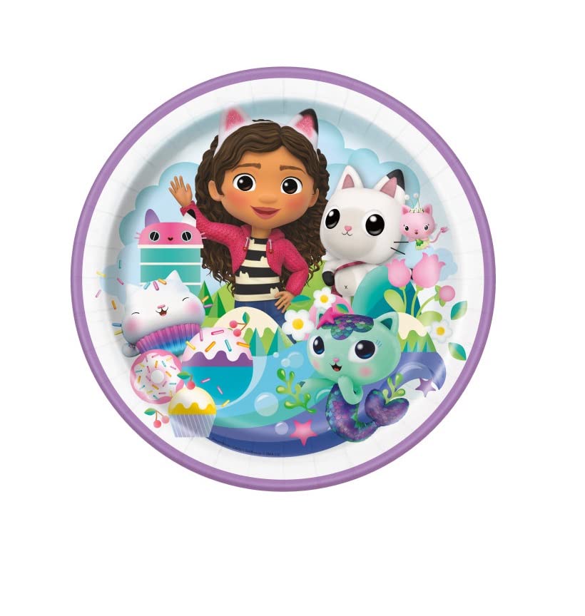 Unique Gabbys Dollhouse Birthday Party Supplies Bundle Pack includes 16 Dessert Cake Plates, 16 Lunch Plates, 16 Napkins, 1 Tabl