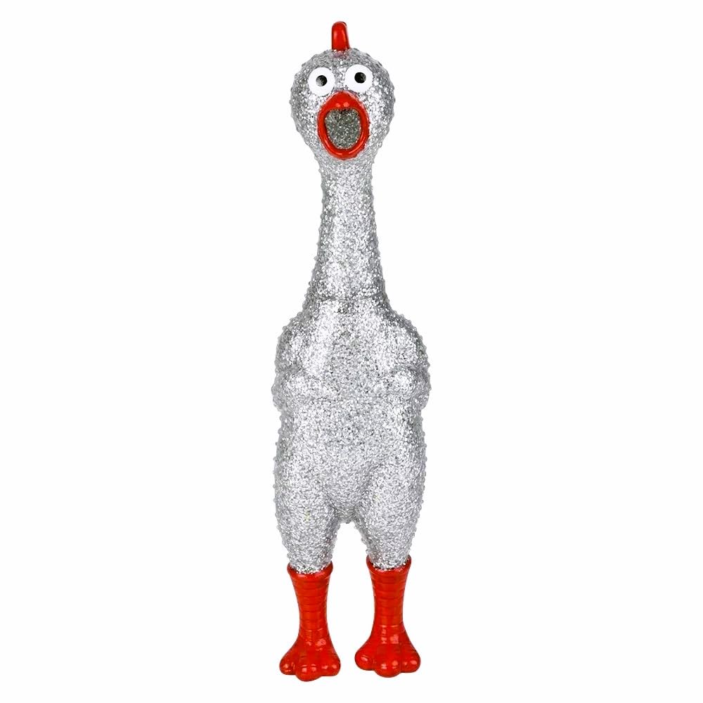 Large 13.5 Sparkle Glitter Rubber Squeeze Chicken with a Long Funny Squeaky Sound (Gold - Silver) Glitter Shiny Funny Gag Prank Chicken Prop (1 Silver Chicken)
