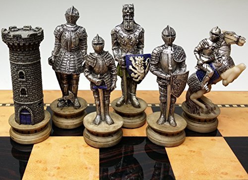 WW/HPL Medieval Times Chess Set - Gold & Silver Warrior Knights with 15" High Gloss Dark Walnut & Birdseye Maple Board