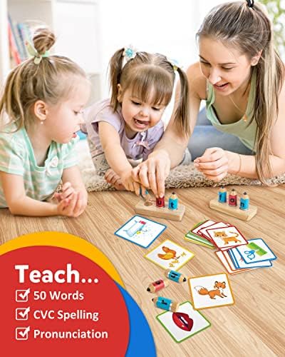 Coogam Wooden Short Vowel Spelling Games  Learn to Spell CVC Sight Words Educational Flashcards Fine Motor Montessori Alphabet Toy Gift for Kids 3 4 5 Years Old