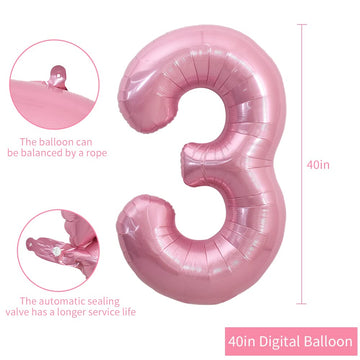Toniful 40 Inch Light Pink Large Numbers Balloons 0-9, Number 3 Digital 3 Helium Balloons, Pink Foil Mylar Big Number Pastel Bal