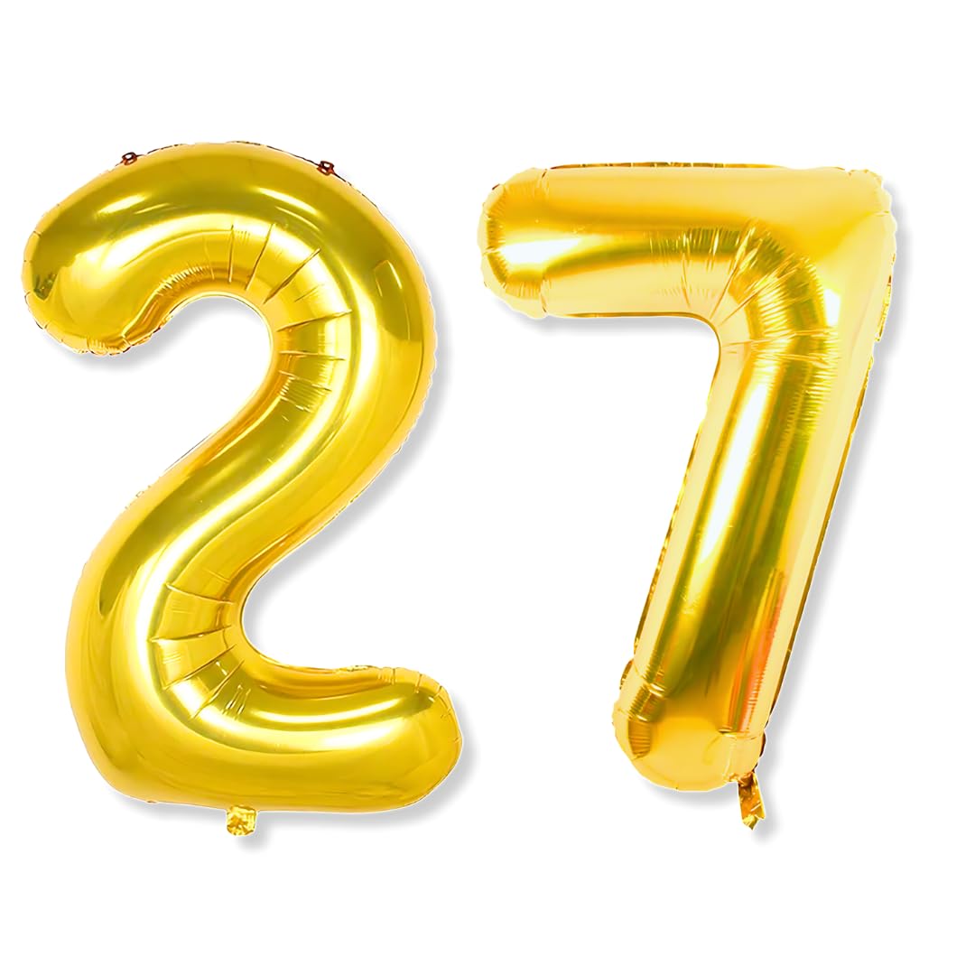 Flyloons 27 number Golden Foil Balloon 16 inch Size Birthday Decoration Items Pack of 2 | 27th Year Balloons | Twenty Seven