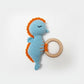 Sycamore East Handmade Crochet Baby Teether - Blue Seahorse Rattle With Wooden Ring, Cotton Yarn, Soft & Safe For Teething Infan