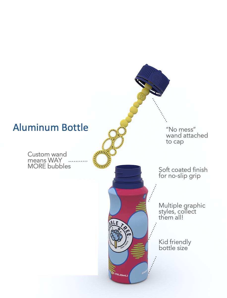 Sustainable Bubble Tree Original Refillable Bubble System Aluminum Bottles (4 Pack Of Bubble Solution Made In The Usa)