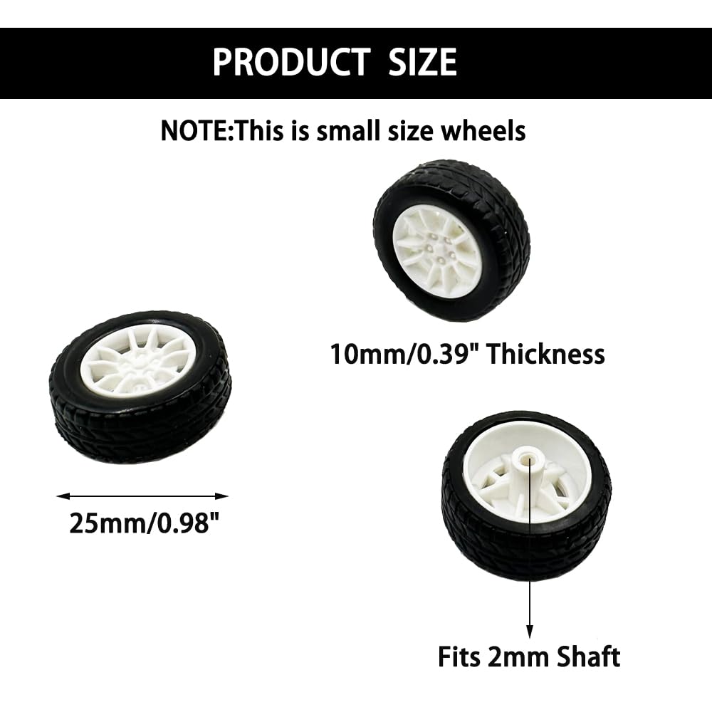 10PCS Toy Car Wheels 25mm Rubber Tire with 5PCS Shaft Round Axles for for DIY Model Toy RC Car Accessories Parts (2X25MM)