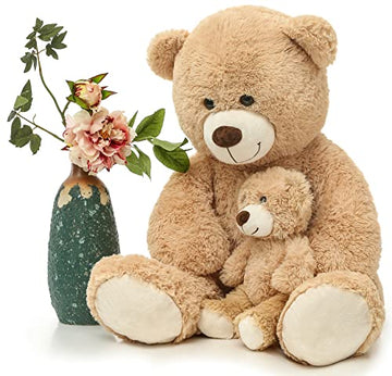 Morismos Giant Teddy Bear Mommy And Baby Bear Soft Plush Bear Stuffed Animal For Teddy Bear Baby Shower, Tan, 39 Inches