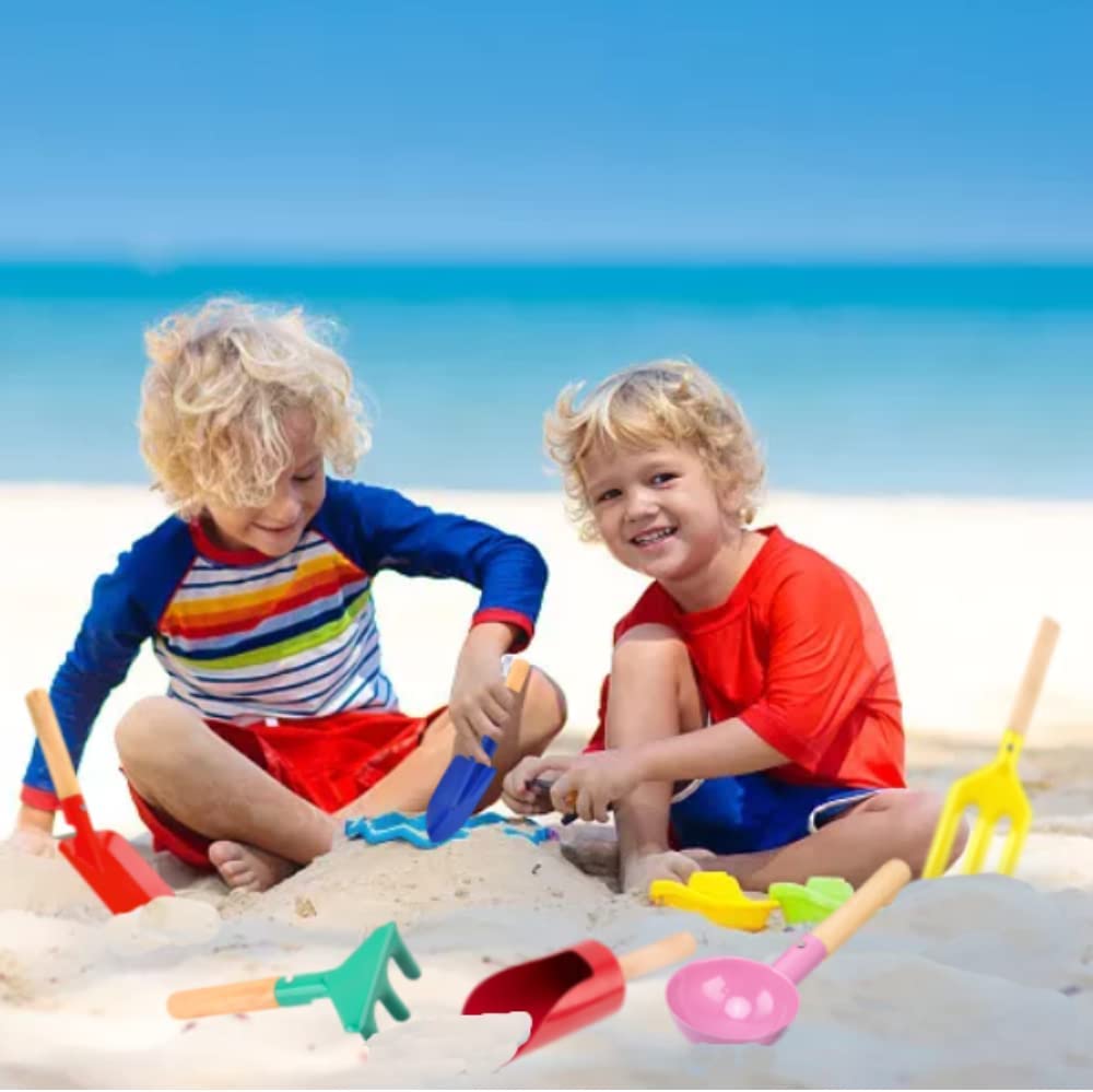 UMUACCAN 4 Piece Kids Beach Tools,Children Beach Sandbox Toys, Made of Metal with Sturdy Wooden Handle,Safe Beach Gardening Set,
