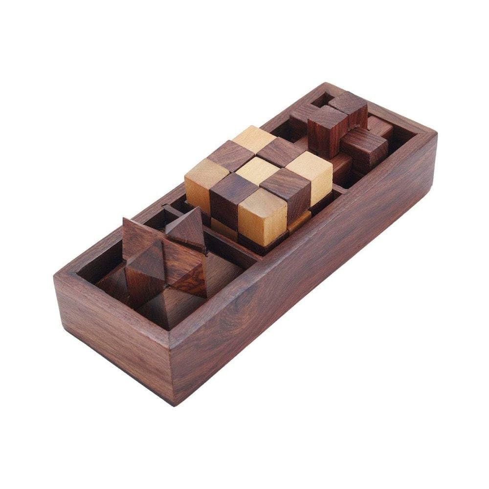 Artisan Woodwork and Exports Wooden 3D Puzzles Game 3in1 Brain Teaser Game Handcrafted Pure Natural sheesham Wood Puzzle Game 