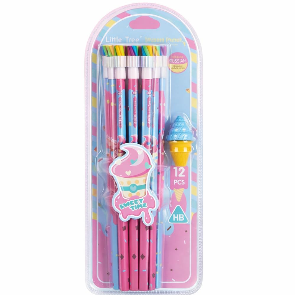 A Little Swag 12 Pcs Hb Pencils Set With Cute Ice Cream Erasers - Cartoon Theme Colourful School Pencils For Girls, Boys, Kids, 