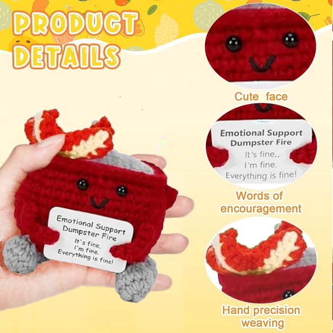 Emotional Support Dumpster Fire, Handmade Crochet Dumpster Fire Doll, with Encouragement Card, Desk Decor Gifts for Friends, Col