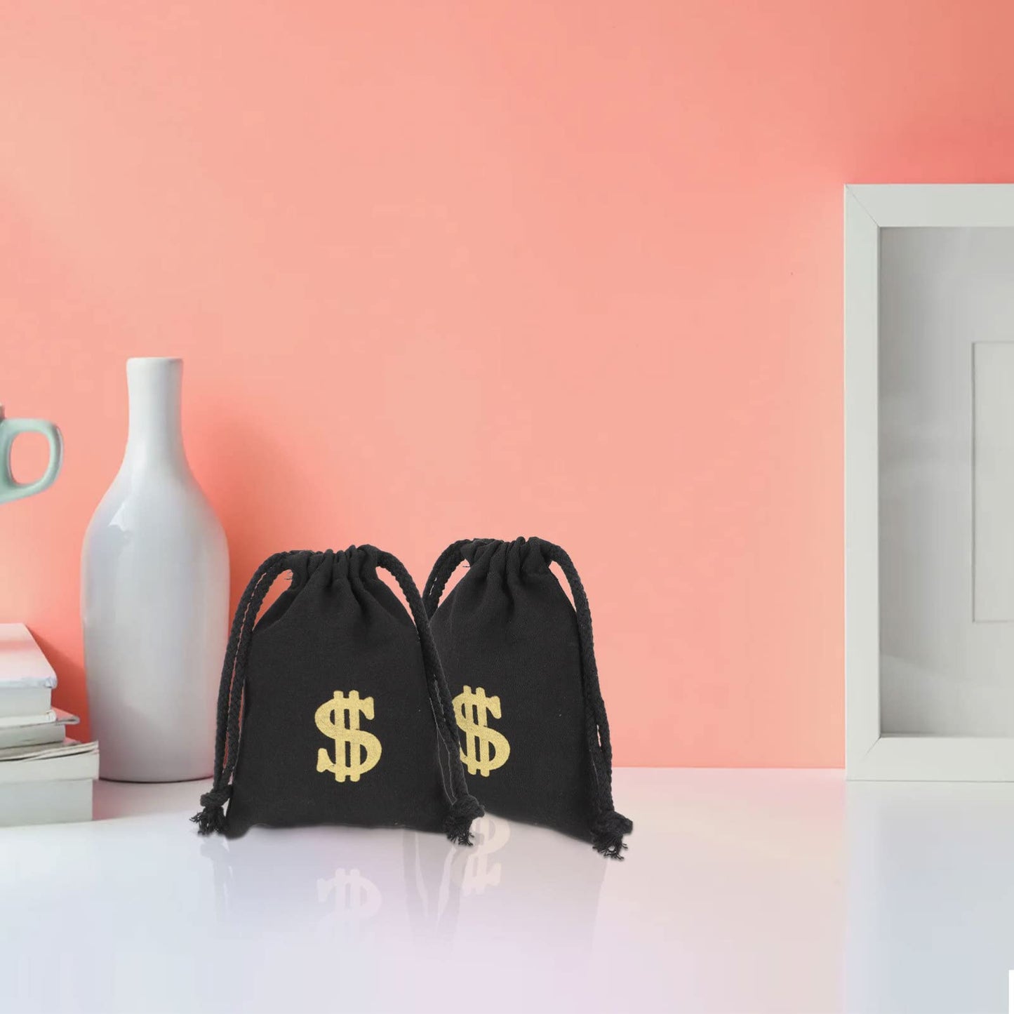 NUOBESTY 4 Pcs Money Drawstring Bag Dollar Party Favor Bags Canvas Money Pouch Dollar Sign Carrying Sack for Bank Robber Pirate