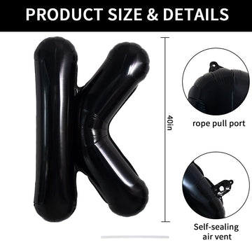 Toniful 40 Inch Large Black K Letter Balloons Jumbo Helium Balloons,Foil Mylar Big Alphabet Balloons For Birthday Party Annivers