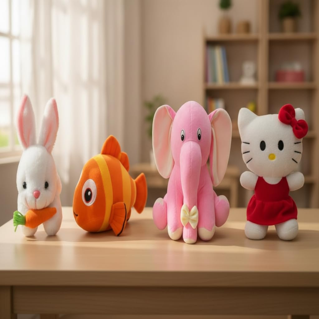 Future Shop Elegant Plush Soft Toy Cute Kids Birthday Animal Baby Boys/Girls. Pack Of 4 (Appu, Fish, Rabbit & Kat) 25 Cm.