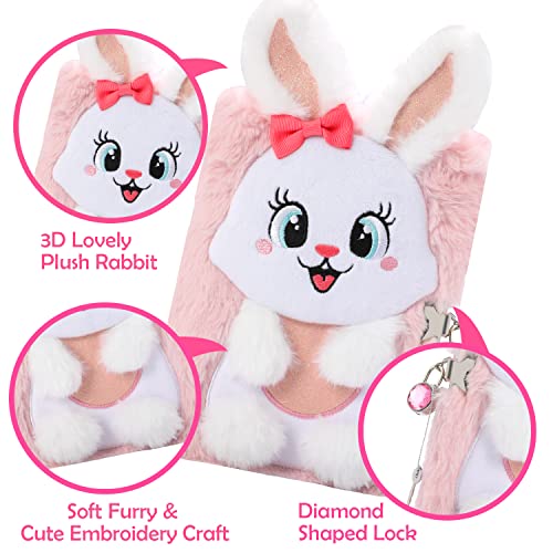 YOYTOO Rabbit Diary for Girls with Lock and Keys, Cute Bunny Journal Notebook for Kids, Plush Lock Diary with 160 Lined Pages fo
