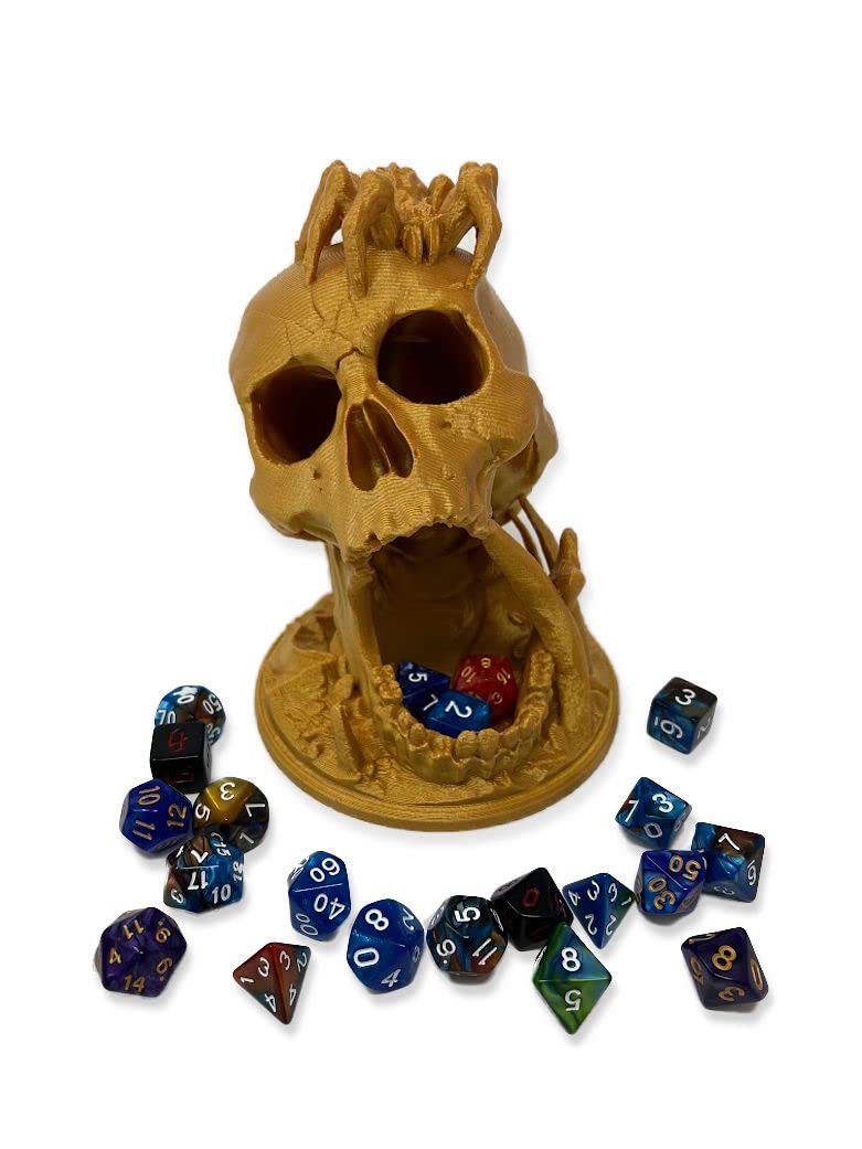 Munnygrubbers - 6.5' Skull Dice Tower - (Random 7Pcs D20 Dice Set Included) - No Paint Odorless Plastic - Tabletop Roleplaying Game - Dice Roller - Dungeons And Dragons - Dnd - D&D - (Skull (Gold))
