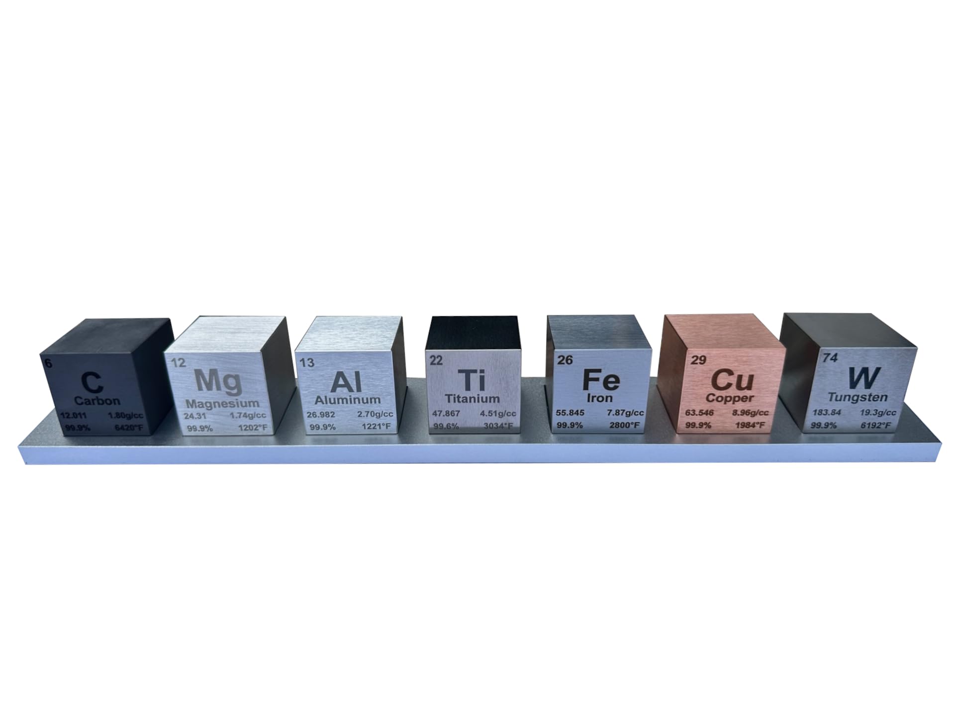1.5 Element Cube Set - 7 Pure Metal Density Cubes with Engraved Atomic Data - Precision Machined Science Specimens + Display Sta