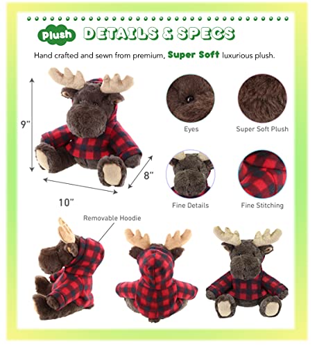 Dollibu Super Soft Moose Stuffed Animal With Plaid Red Hoodie Sweater - Cute Moose Plush Lumberjack Stuffed Toy With Plaid Jacke