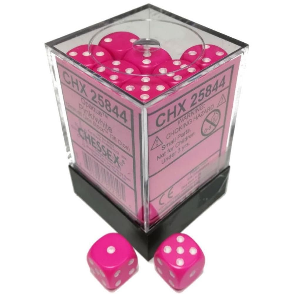 chessex Manufacturing cHX25844 12 mm Pink Opaque D6 Dice with White Pips - Pack of 36