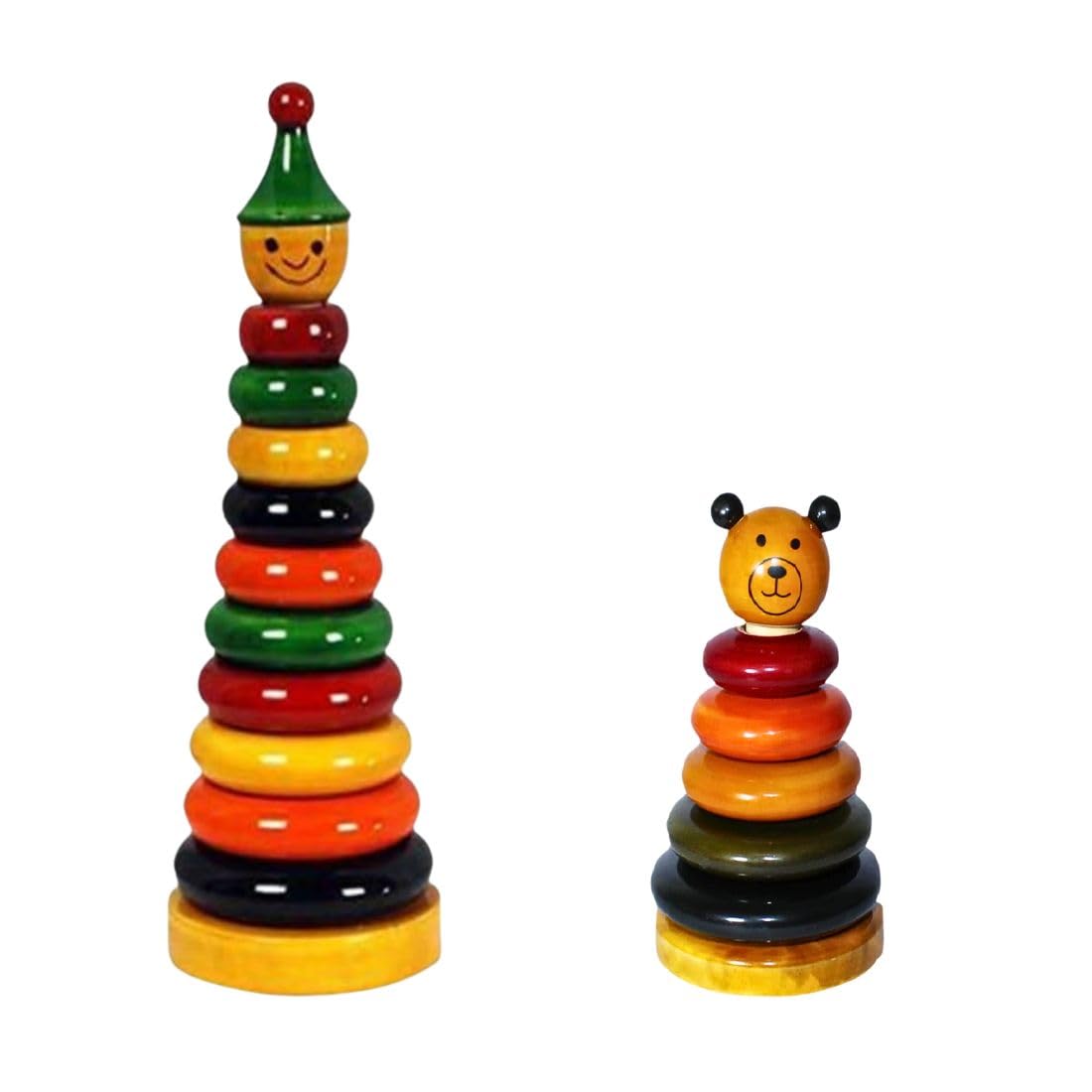 Little Mind Wooden Ring Stacking Toy Set Of 2 | Large & Small Rainbow Stacker With Animal Tops | Montessori Learning Toy For Tod