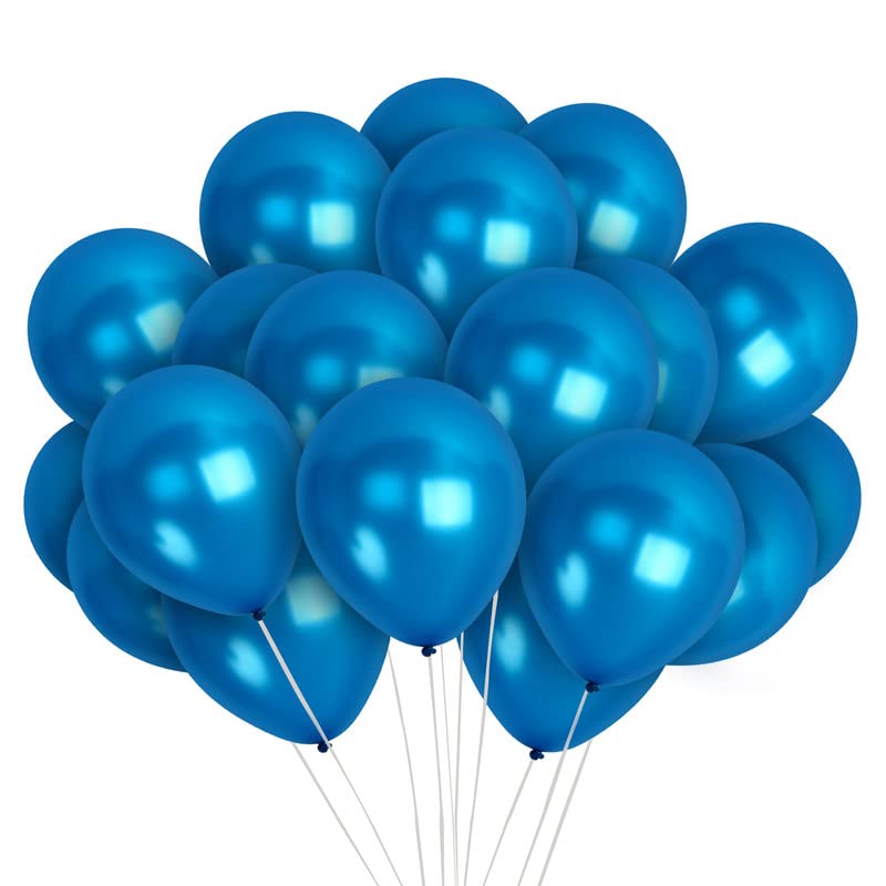 Treasures Gifted Metallic Royal Blue Balloons, 12 Inch Rubber, 100 Pack with Ribbon - Pearlized Dark Blue Latex Balloons
