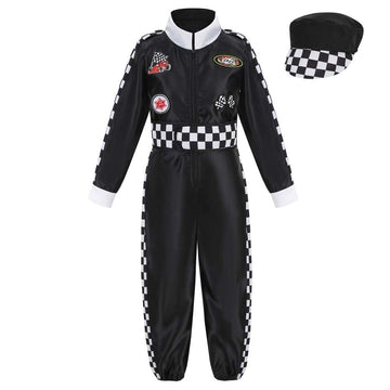 Lmyove Kids Race Car Driver Costume Boys Girls Racing Halloween Play Role Dress Up Racer Jumpsuit And Car Cap Toddler 3-9Y (Large, Black)