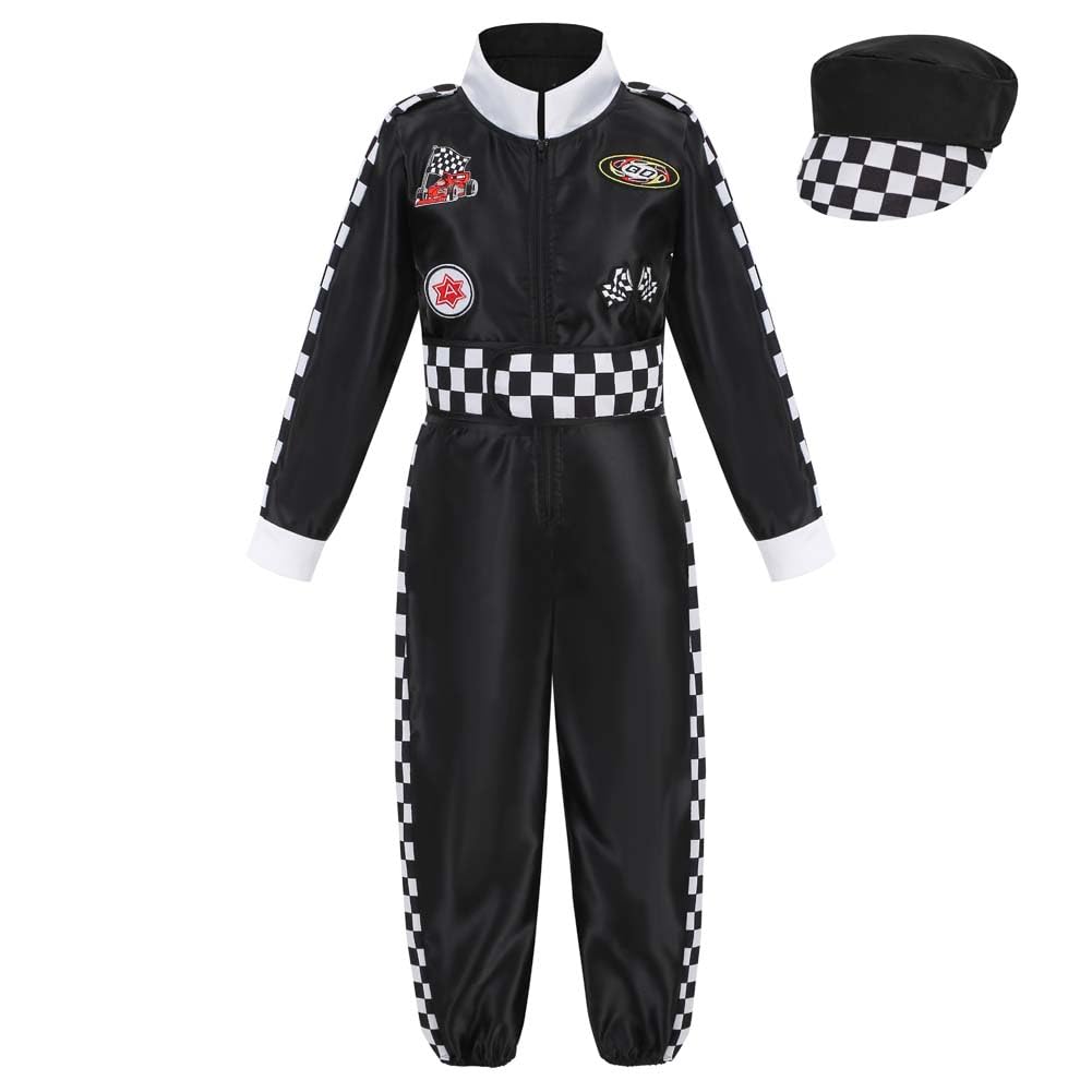 Lmyove Kids Race Car Driver Costume Boys Girls Racing Halloween Play Role Dress Up Racer Jumpsuit And Car Cap Toddler 3-9Y (Medium, Black)