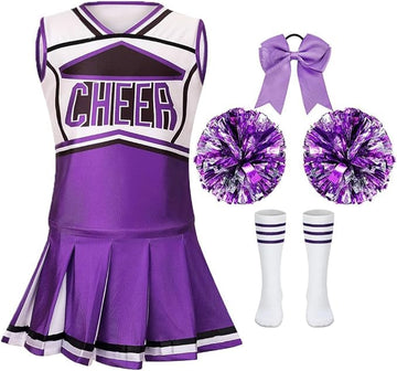 Lmyove Classic Purple 5-Piece Cheerleading Set For Kids - Includes Top, Skirt, Pom Poms, Headband, And Socks,12-14Y