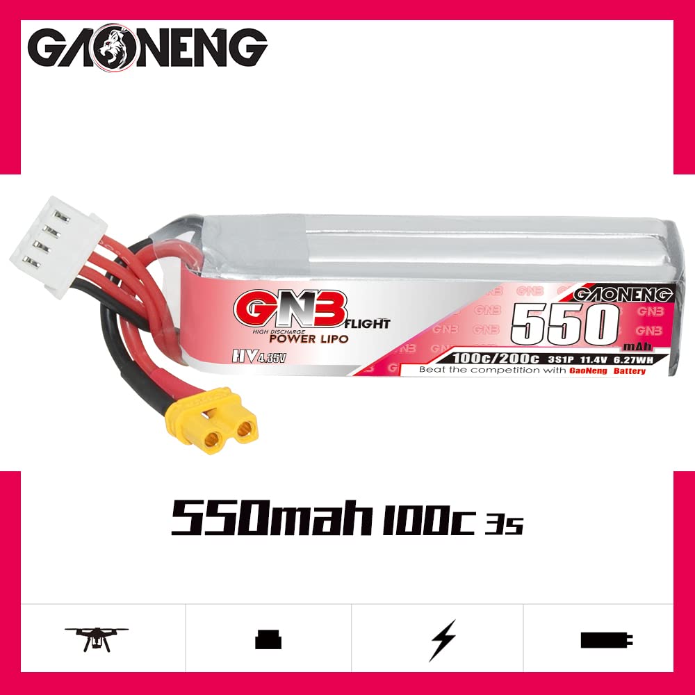 GAONENG 2PCS GNB 3S 550mAh 11.4V HV 100C LiPo Battery XT30 Connector for Brushless FPV Drone Torrent 110 BetaPFV Beta 85X