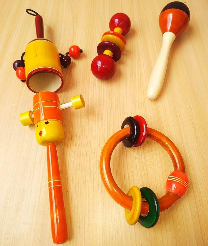 Crafts India Handcraftedchannapatna Toys Wooden Rattles Toys Set For Baby, Infants, New Born Babies (0+ Years)  Set Of 5  Mult