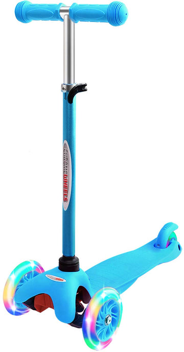 Chromewheels Scooter For Kids, Deluxe 3 Wheel Scooter For Toddlers 4 Adjustable Height Glider With Kick Scooters, Lean To Steer With Led Flashing Light For Ages 3-6 Girls Boys, Light Blue