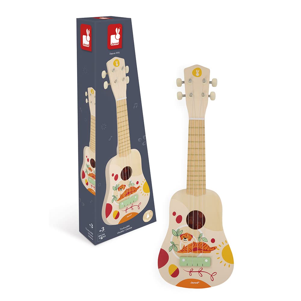 Janod Sunshine Wooden Ukulele - Children's Musical Instrument - Water-Based Paint - One Size - Warm Colors - Model J07636